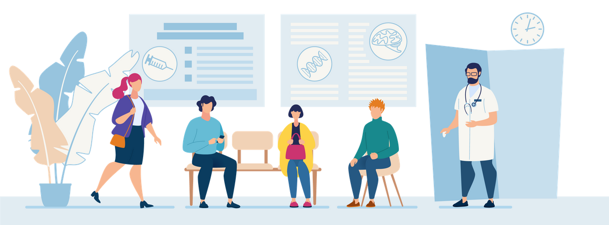 Patients Sitting in Chairs Waiting Appointment Time at Hospital Doctor Consultation Modern Clinic  Illustration