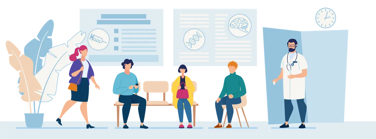 Patients Sitting in Chairs Waiting Appointment Time at Hospital Doctor Consultation Modern Clinic  Illustration