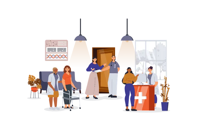 Medical Clinic Concept With Character Scene For Web Patients Visiting Doctors For Consultation Or Getting Rehabilitation People Situation In Flat Design Vector Illustration For Marketing Material Illustration