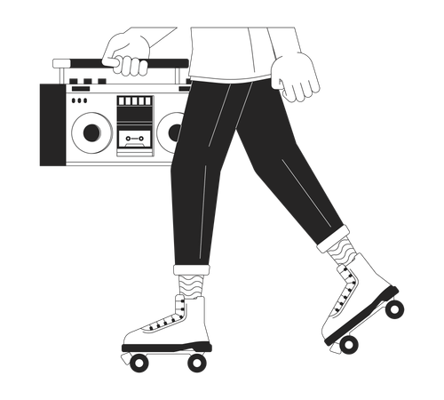 Patinador masculino sosteniendo boombox piernas de dibujos animados lineales 2D de cerca  Ilustración