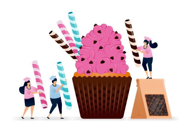 Chef préparant des cupcakes avec un sac plein de pépites de chocolat en guise de garniture  Illustration