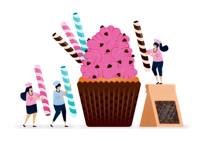 Chef préparant des cupcakes avec un sac plein de pépites de chocolat en guise de garniture  Illustration