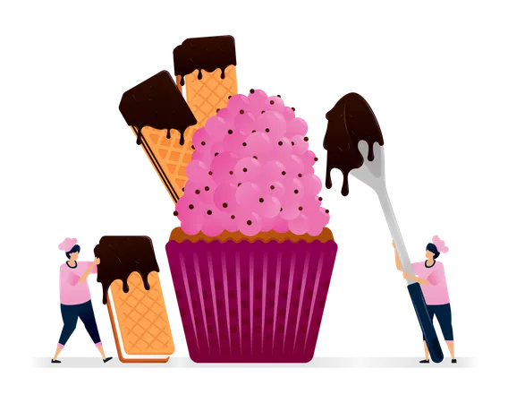 Chef préparant un cupcake avec du glaçage et des gouttes de chocolat fondu et un sandwich biscuit à la crème à la vanille  Illustration