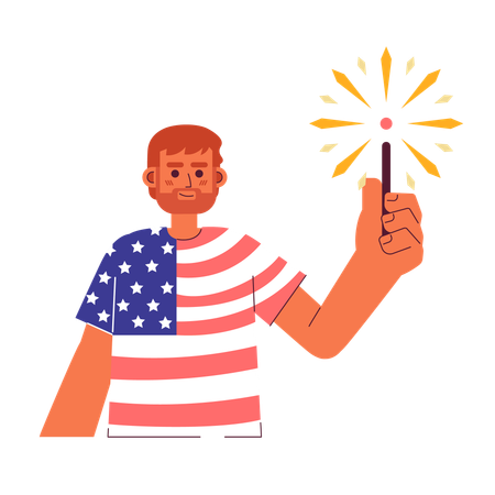 Patriotic caucasian man holding sparkler  イラスト