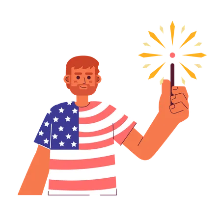Patriotic Caucasian Man Holding Sparkler Semi Flat Colorful Vector Character Wearing American Flag Tshirt Editable Half Body Person On White Simple Cartoon Spot Illustration For Web Graphic Design Illustration