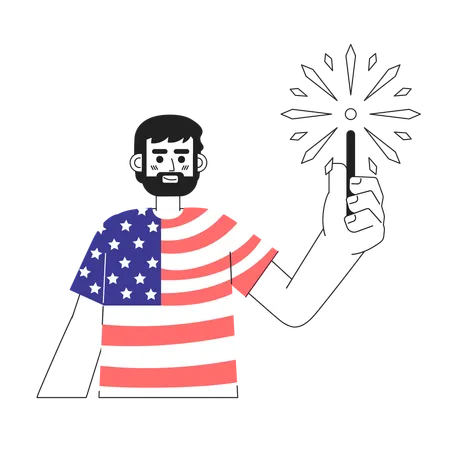 Patriotic Caucasian Man Holding Sparkler Monochromatic Flat Vector Character Wearing American Flag Tshirt Editable Line Half Body Person On White Simple Bw Cartoon Spot Image For Web Graphic Design イラスト
