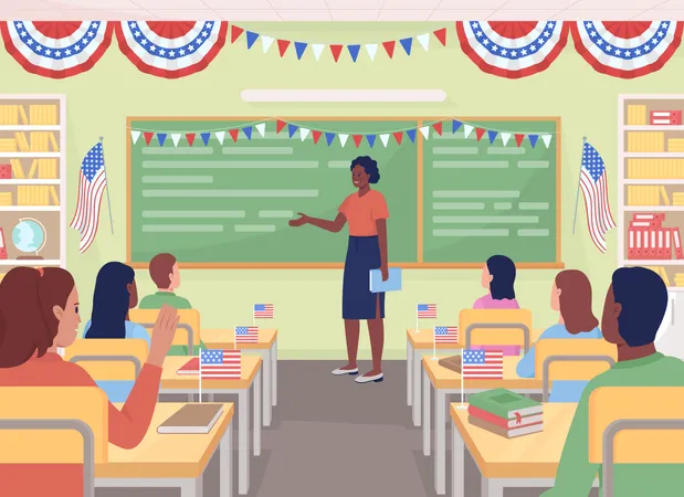 Patriotism Lesson In American School Flat Color Vector Illustration Teacher Talking To Students About Independence Day July Fourth Holiday 2 D Simple Cartoon Characters With Interior On Background Illustration