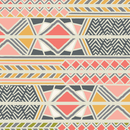Patrón bohemio colorido étnico tribal con elementos geométricos, tela de barro africana, diseño tribal  Ilustración