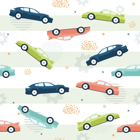 Patrón de autos caóticos sobre fondo blanco y rayas grises  Ilustración