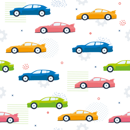 Patrón de coches, ruedas dentadas, puntos y líneas de colores sin costuras  Ilustración