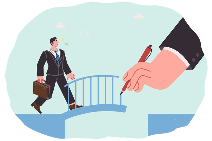 Patron helps business man to overcome obstacle on path to success and draws bridge over precipice  Illustration