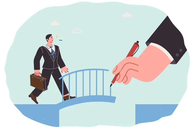 Patron helps business man to overcome obstacle on path to success and draws bridge over precipice  Illustration