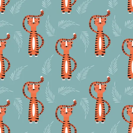 Patrón sin fisuras con lindo tigre naranja de la selva sobre fondo azul  Ilustración