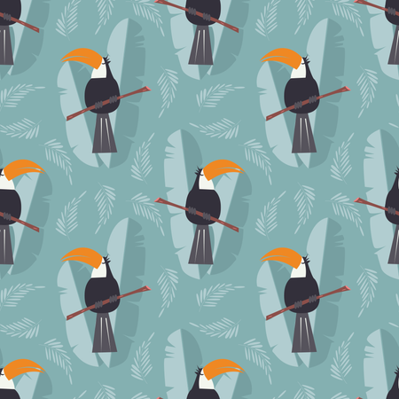 Patrón sin fisuras con lindo tucán loro de la selva sobre fondo azul  Ilustración