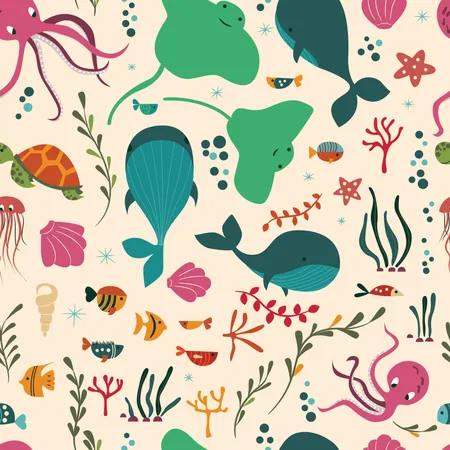 Patrón sin fisuras con animales submarinos del océano, ballenas, pulpos, rayas, medusas  Ilustración