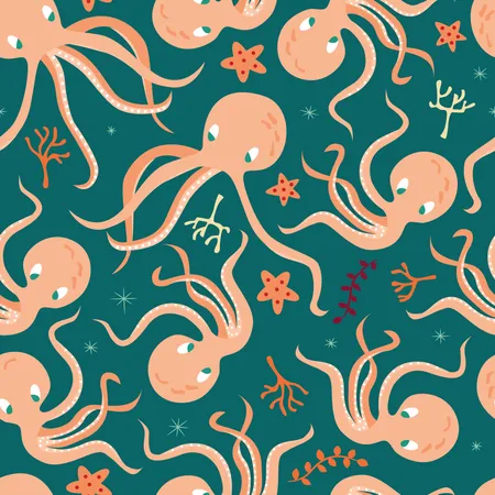 Patrón sin fisuras con animales submarinos del océano, lindos pulpos y estrellas de mar  Ilustración