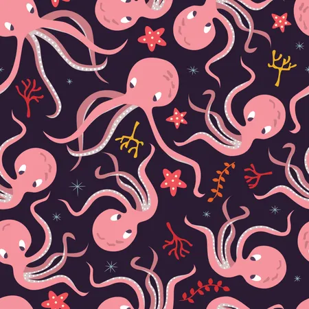 Patrón sin fisuras con animales submarinos del océano, lindos pulpos y estrellas de mar  Ilustración