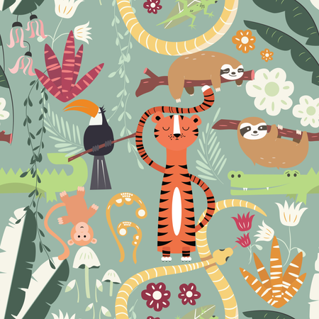 Patrón sin fisuras con lindos animales de la selva tropical, tigre, serpiente, perezoso  Ilustración