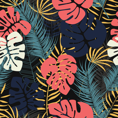 Patrón tropical sin costuras de verano con coloridas hojas de palma monstera y plantas sobre fondo oscuro  Ilustración