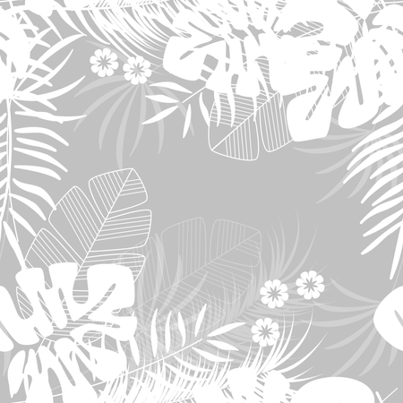 Patrón tropical sin costuras de verano con hojas de palma monstera y plantas sobre fondo gris  Ilustración