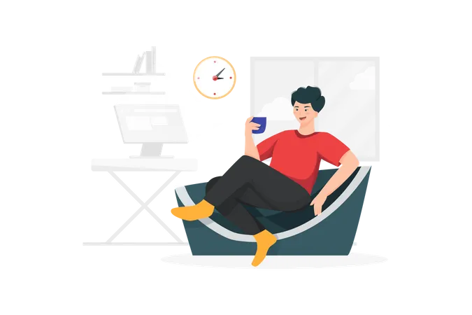 O Homem Relaxando Com Uma Xicara De Cafe Na Mao Ilustração