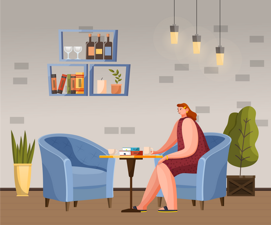 Pause féminine avec tasse dans un café  Illustration