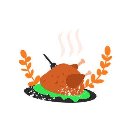 Pavo asado al vapor en un plato  Ilustración