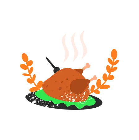 Pavo asado al vapor en un plato  Ilustración