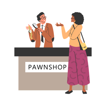 Pawnshop expert appraiser looking at golden watch while valuable thing under magnifying glass  Illustration