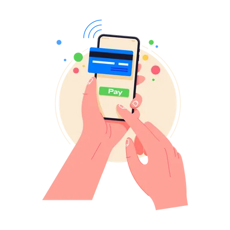 Pay By Credit Card Via Electronic Wallet Wirelessly On Phone New Mobile Banking App And E Payment Vector Illustration Hand With Smartphone Online Banking Shopping By Phone And Connected Card 일러스트레이션