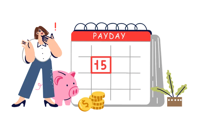 Payday Mark On Woman Personal Calendar Reminding To Defrayal Taxes Or Make Loan Payment Girl Sees Inscription Payday And Feels Tension Due To Lack Of Money To Pay Off Mortgage Debt Or Credit Illustration