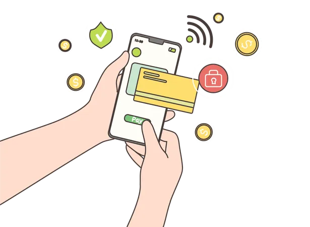 Paying by credit card via electronic wallet wirelessly through banking app  Illustration