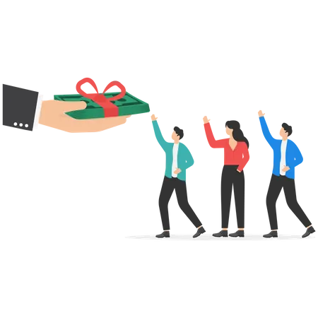 Paying Extra Bonus Money To Employees Special Gift More Salary Or Premium Payment For High Performance Worker Concept Businessman Boss Hand Giving Banknotes Cash With Reward Ribbon Illustration
