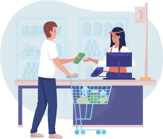 Paying For Food In Shop 2 D Vector Isolated Illustration Man Buying Groceries From Cashier Flat Characters On Cartoon Background Everyday Situation And Common Tasks Colourful Scene Illustration