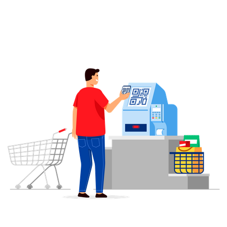 Paying groceries with automatic contactless cashier machine.  Illustration