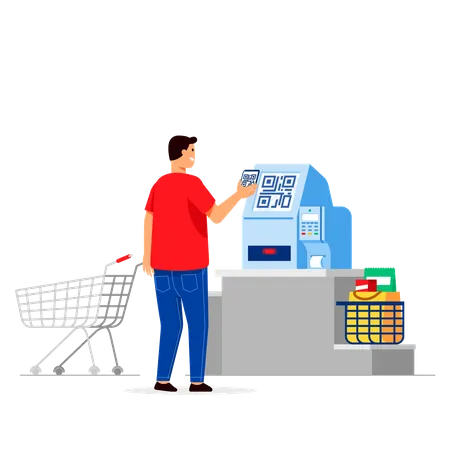 Paying groceries with automatic contactless cashier machine.  Illustration