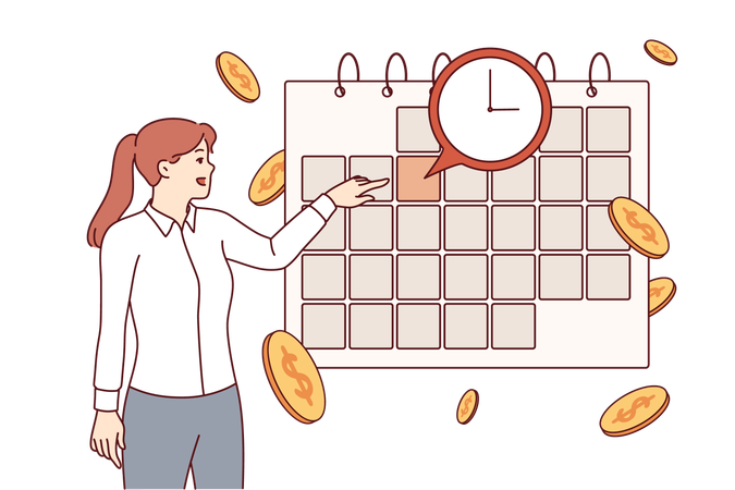 Payment calendar near business woman studying schedule of mandatory expenses and interest payments  Illustration