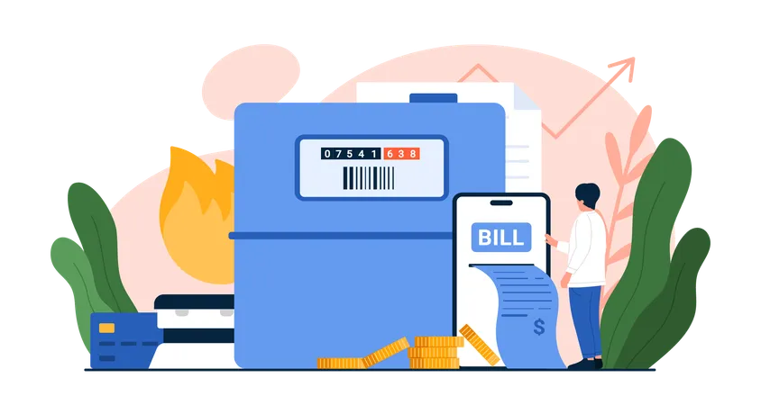 Payment Of Gas Bill Online Vector Illustration Cartoon Tiny Customer Paying Invoice Through Mobile App In Phone And Bank Account Monthly Check Of Gas Meter Readings To Pay Gas Consumption Costs 일러스트레이션