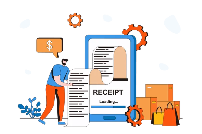 Electronic Receipt Web Concept In Flat 2 D Design Man Receives Invoice And Pays It Online Using Mobile App On His Smartphone Banking Services And Transactions Vector Illustration With People Scene Illustration