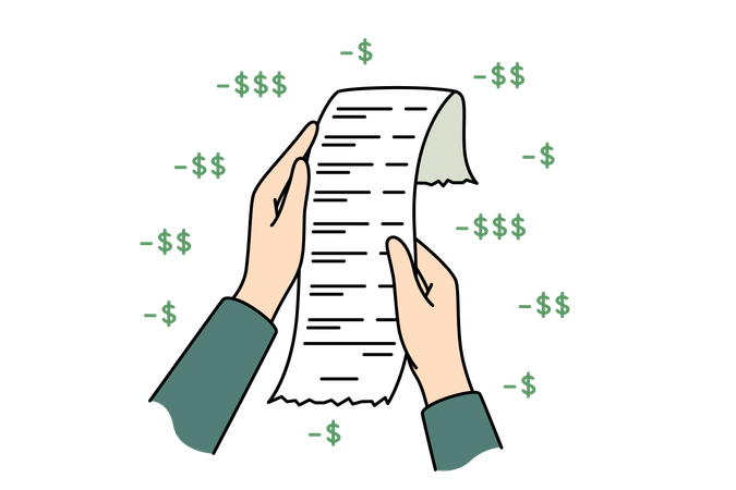 Payment receipt in hands of person detailing costs of shopping or dining at restaurant  Illustration