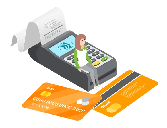 Payment By Credit Card Via Internet Using Terminal Lady Carries Out Process Of Buying Through Network POS Terminal With Check And Credit Cards For Contactless Payment Female Character Pays Online Illustration