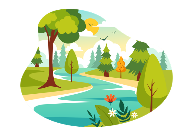 Paysage fluvial avec arbres  Illustration