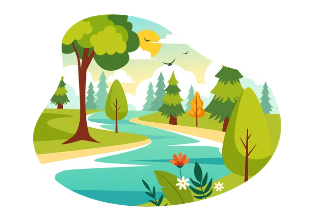 Paysage fluvial avec arbres  Illustration