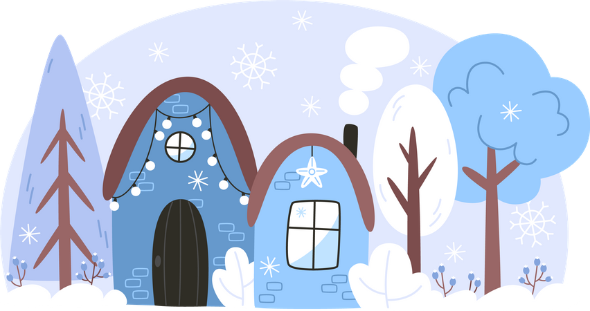 Paysage d'hiver avec une maison dans une forêt enneigée  Illustration