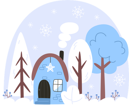 Paysage d'hiver avec une maison dans une forêt enneigée  Illustration