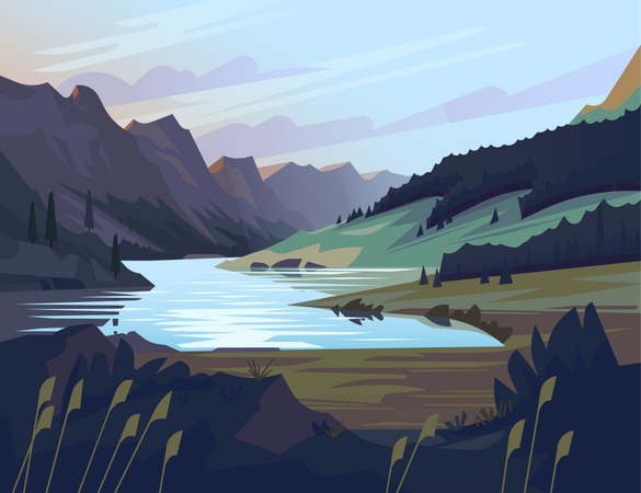 Paysage inhabité paisible et tranquille d'une vallée de montagne avec un lac entouré de rochers, perdu dans une forêt  Illustration