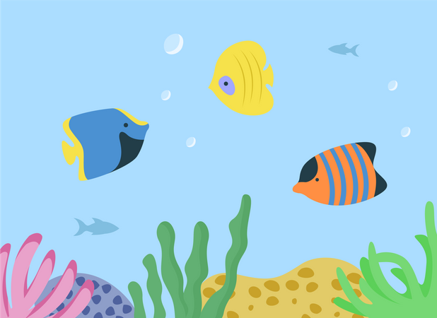 Paysage marin sous-marin avec des espèces de poissons de mer ou d'océan  Illustration