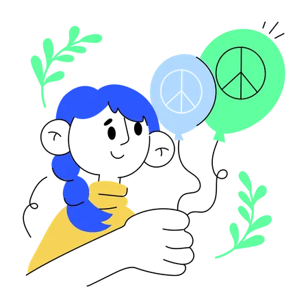 Girl Holding Peace Balloons Doodle Mini Illustration イラスト
