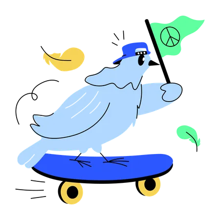 Skating Bird Holding Peace Flag Doodle Mini Illustration イラスト