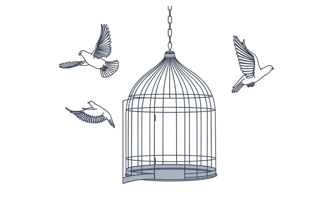 New Opportunities Freedom Mental Development Concept Open Cage With Flying From Inside Doves Birds Meaning Getting Freedom Of Mind And Body Illustration イラスト